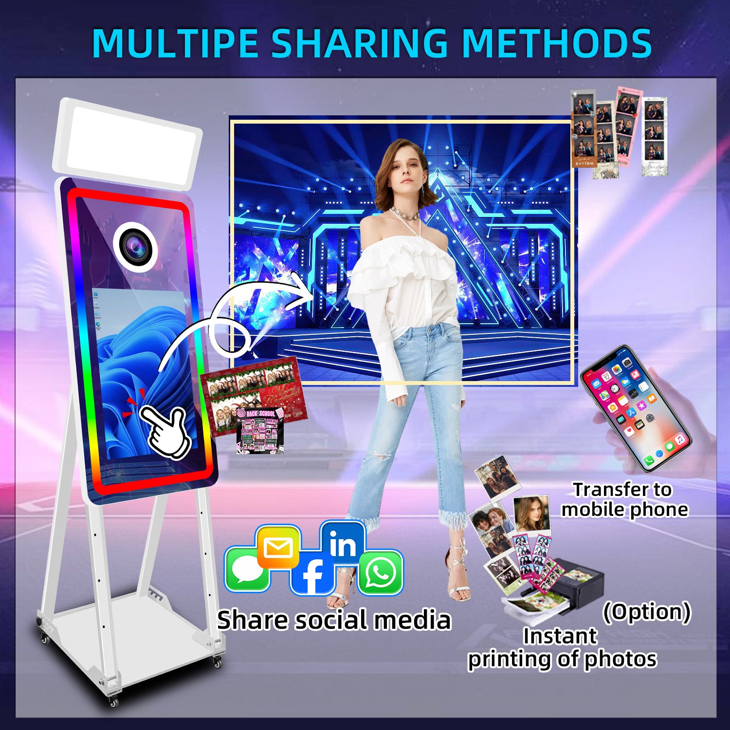 Selfie 40In Magic Mirror Photo Booth Machine With 21.5 in Touch Screen Printer and Camera Option Photobooth Mirror With Flight Case