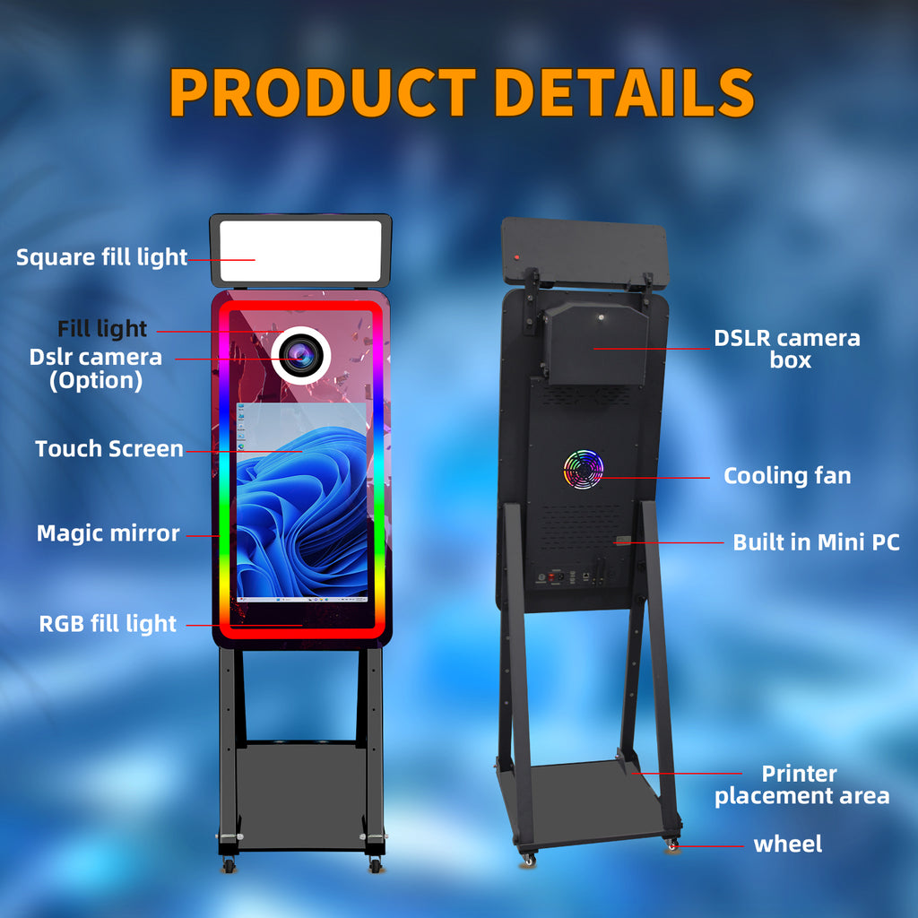 Selfie 40In Magic Mirror Photo Booth Machine With 21.5 in Touch Screen Printer and Camera Option Photobooth Mirror With Flight Case