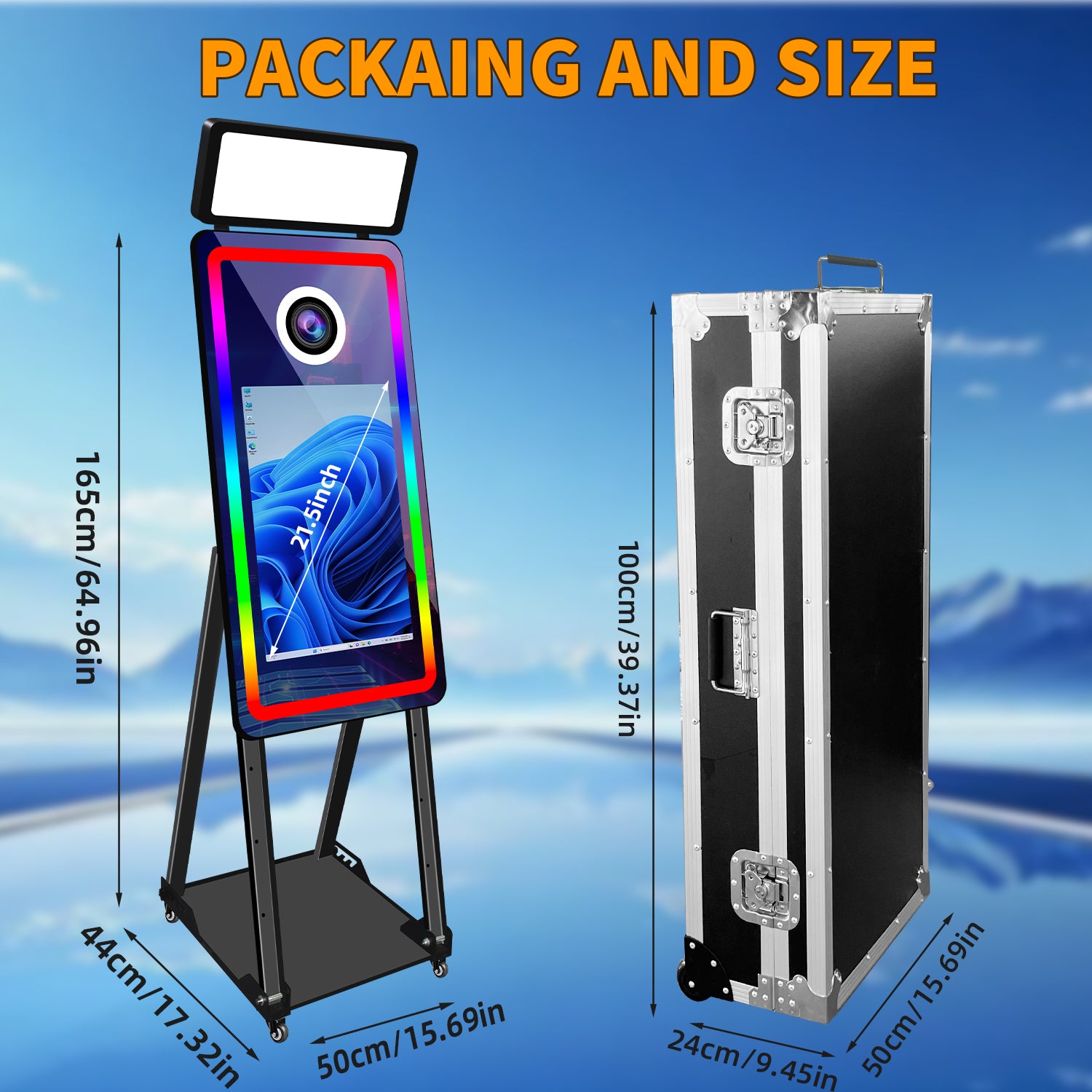 Selfie 40In Magic Mirror Photo Booth Machine With 21.5 in Touch Screen Printer and Camera Option Photobooth Mirror With Flight Case